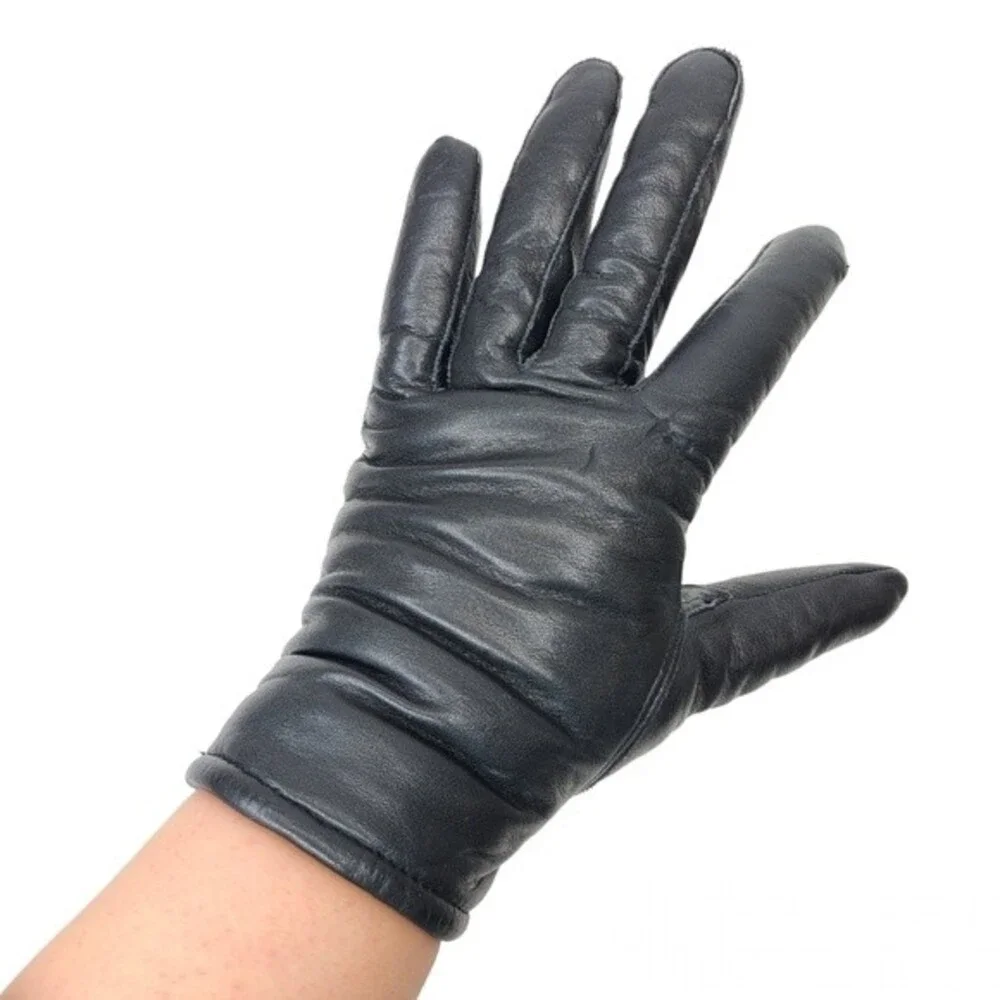 Black Leather Knit Winter Womens Gloves Small